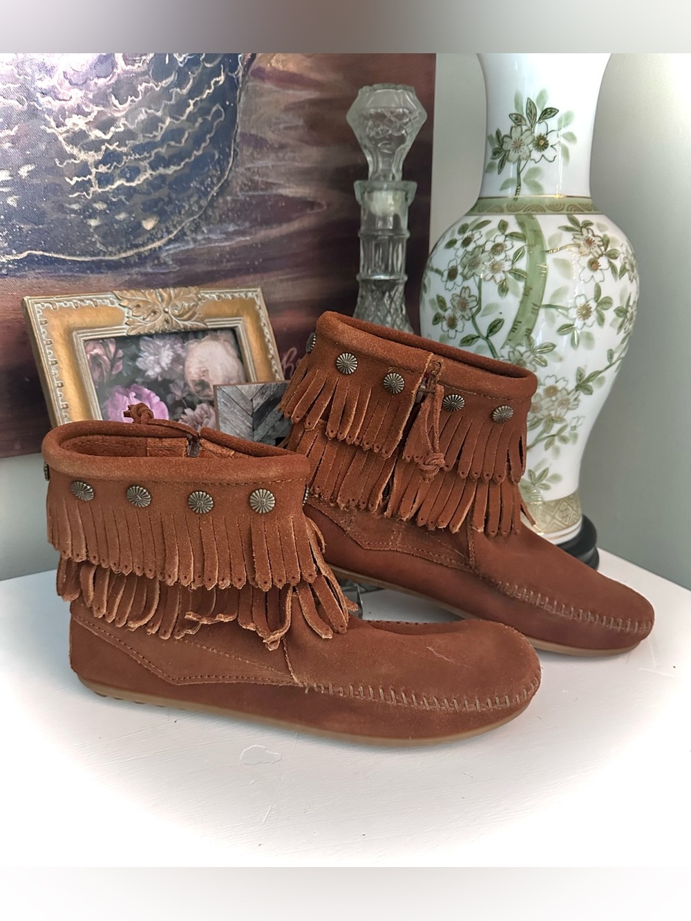 Minnetonka Brown Suede Double Fringe Ankle Boots 9